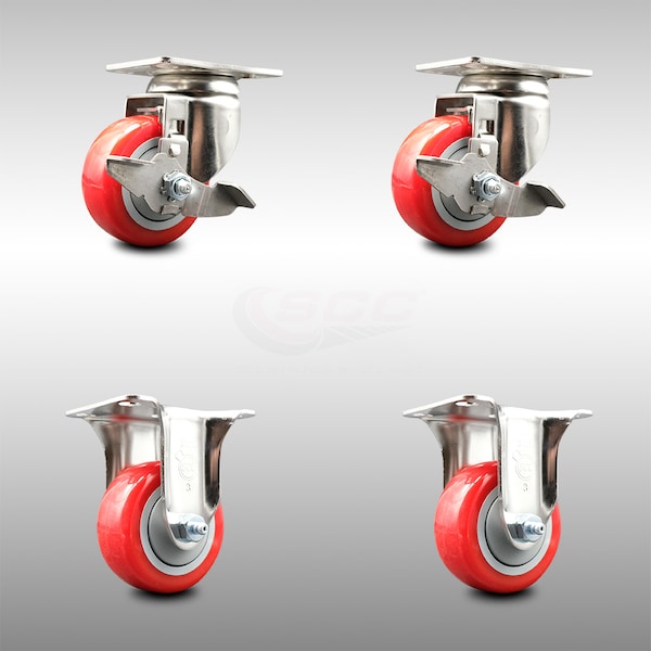 Service Caster 3 Inch 316SS Red Polyurethane Swivel Top Plate Caster Brake 2 Rigid SCC, 2PK SCC-SS31620S314-PPUB-RED-TLB-2-R-2 - main